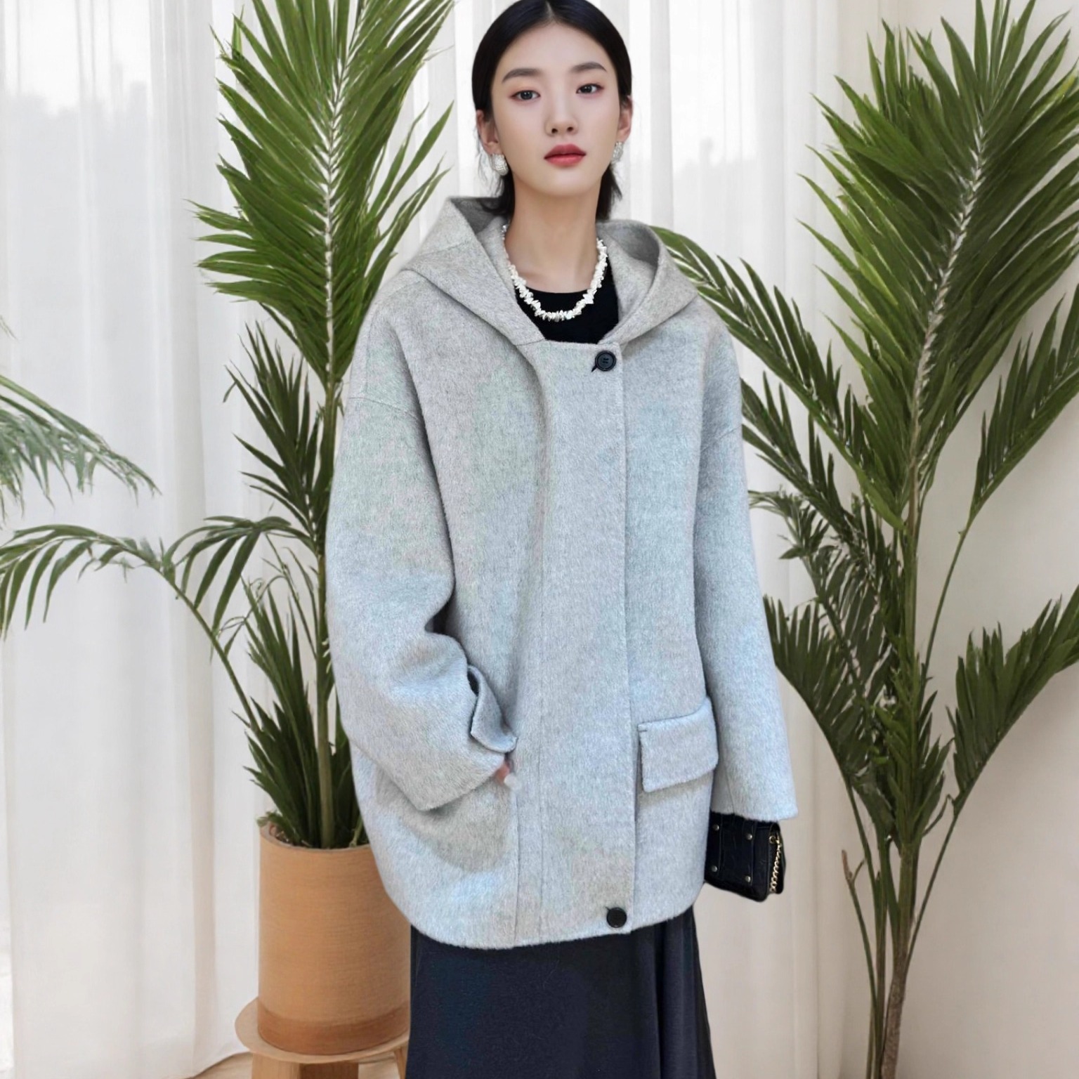 d.two品牌宽松连帽羊毛呢外套