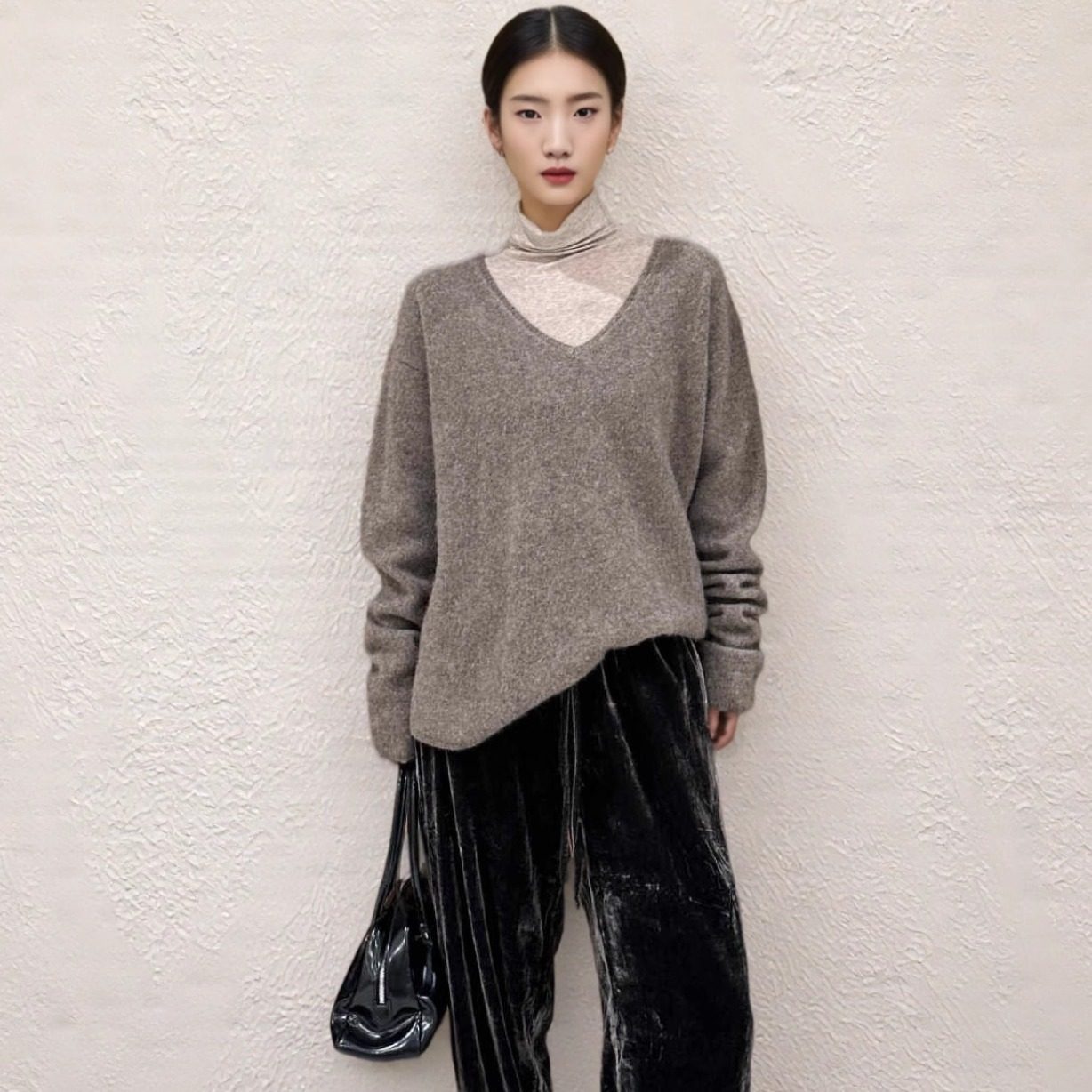 欧货高端实体店专柜正品V领女装 牦牛绒宽松大码休闲毛衣外套