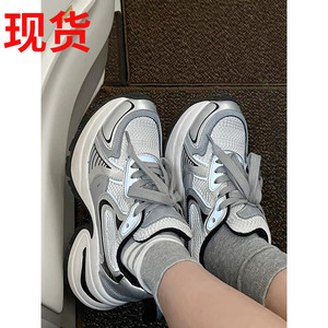 2023新款赵露思同款鞋银色厚底增高运动鞋女休闲鞋真皮系带老爹鞋