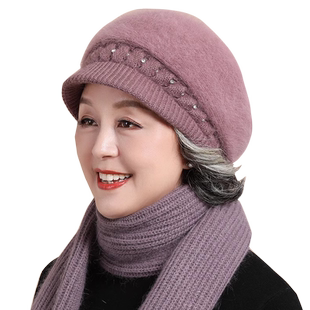 妈妈帽子女冬季保暖中老年人老人奶奶老太太加绒兔毛针织毛线帽冬