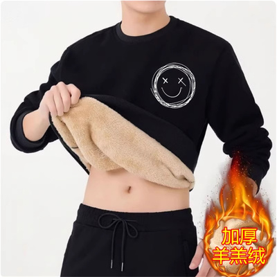 加绒加厚潮流卫衣冬季圆领套头羊羔绒男士外套高级感宽松保暖上衣