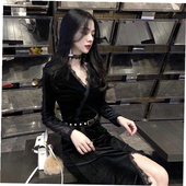 金丝绒收腰打底裙子 秋冬中长款 V领内搭蕾丝连衣裙长袖 女2019新款