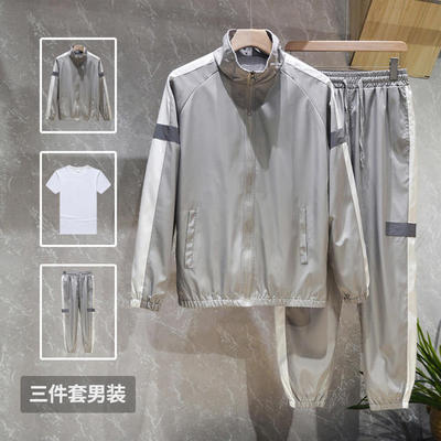 秋季灰色运动套装男士跑步健身衣服帅气反光加绒卫衣秋冬休闲潮流