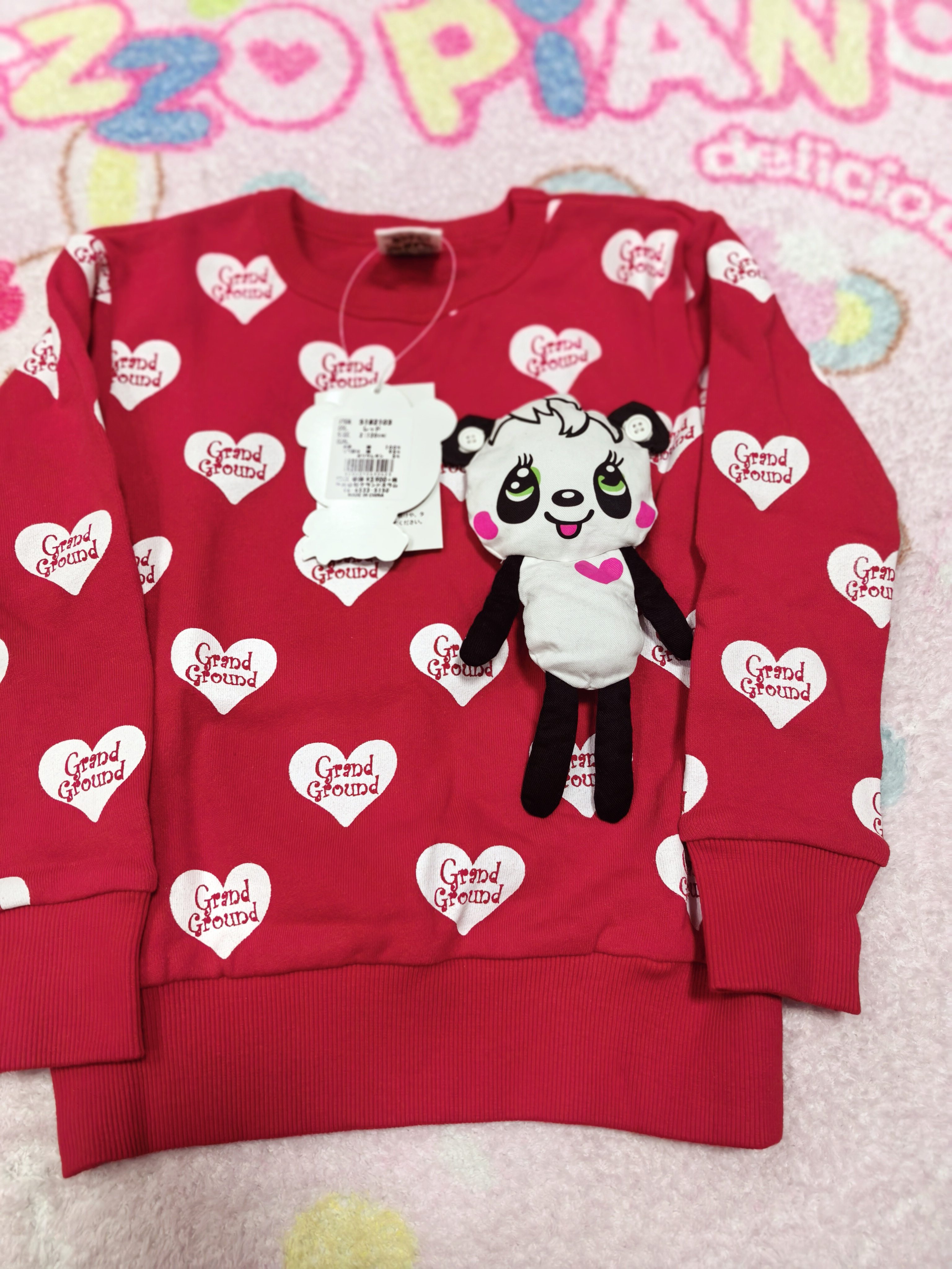 全新正品120日本带回红色立体熊猫grandgroud毛圈卫衣女童红色