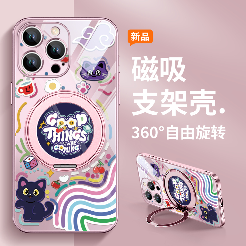 涂鸦音乐猫咪适用苹果15手机壳iphone16带支架plus华为pura70磁吸14promax指环扣13支点12新款小米mate60旋转