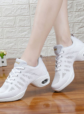 新款透气网面广场舞跳舞鞋软底女白色成人中跟运动舞蹈鞋健身操鞋