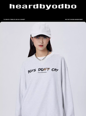 odbo 潮牌情侣装圆领灰色卫衣女2023春季新款宽松字母设计感上衣