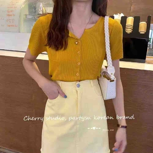 短款 复古姜黄玫粉草绿宝蓝色V领短袖 女修身 冰丝针织开衫 上衣 薄款