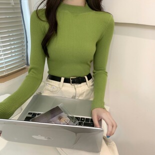 简约姜黄果绿咖色半高领长袖针织毛衣女弹力打底衫修身显瘦上衣秋