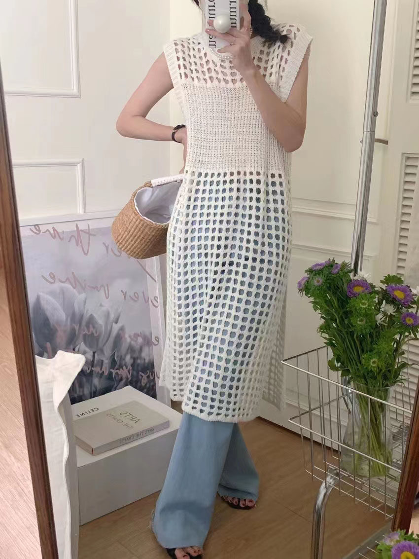 法式小众网眼无袖叠穿镂空开叉针织连衣裙女温柔甜美背心长裙罩衫,女装/女士精品,连衣裙,淘宝优惠券,粉丝福利购,淘宝优惠卷