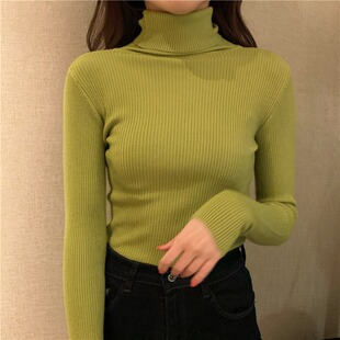 复古芥黄草绿粉蓝咖色高领长袖毛衣女百搭打底上衣修身针织衫秋冬