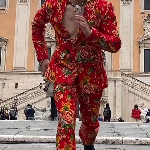 纯棉抖音同款东北大花布西装西服喜庆套装男女同款大花裤子衣服