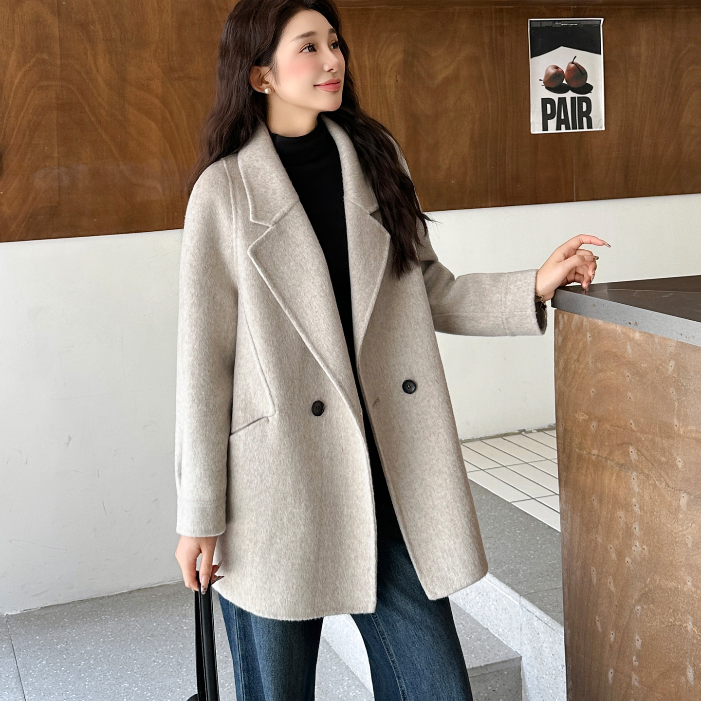 漫沿MANYAN燕麦色双面羊绒大衣短款小个子韩版新款西装毛呢外套女