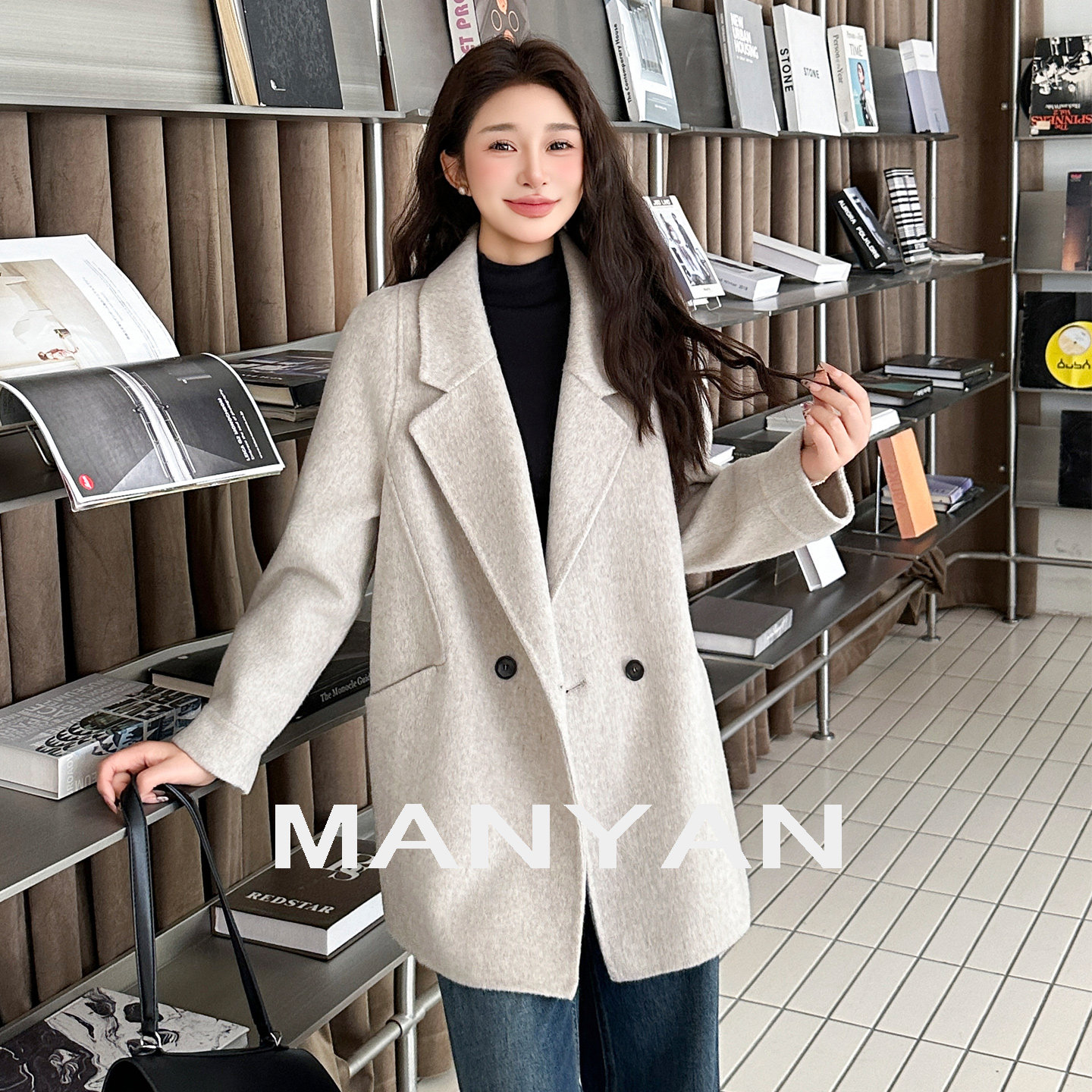 漫沿MANYAN双面呢双面羊绒大衣短款小个子羊毛新款西装毛呢外套女