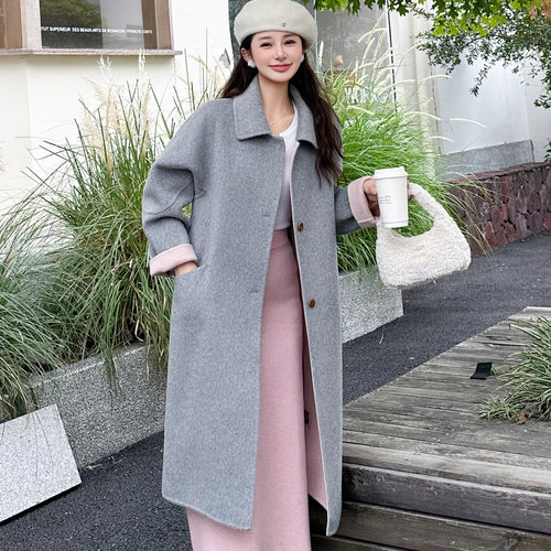 漫沿MANYAN浅灰色双面羊绒大衣女