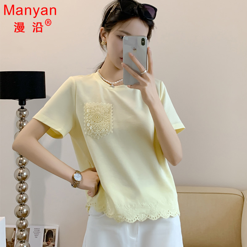 MANYAN 2025新款鹅黄短袖t恤女夏高端纯棉刺绣宽松慵懒风百搭上衣