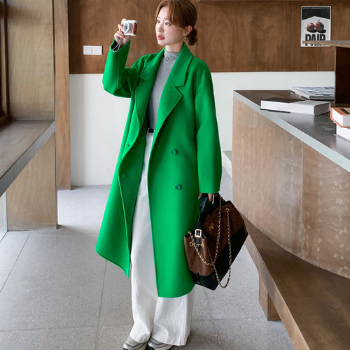 漫沿manyan绿色中长款羊毛大衣女