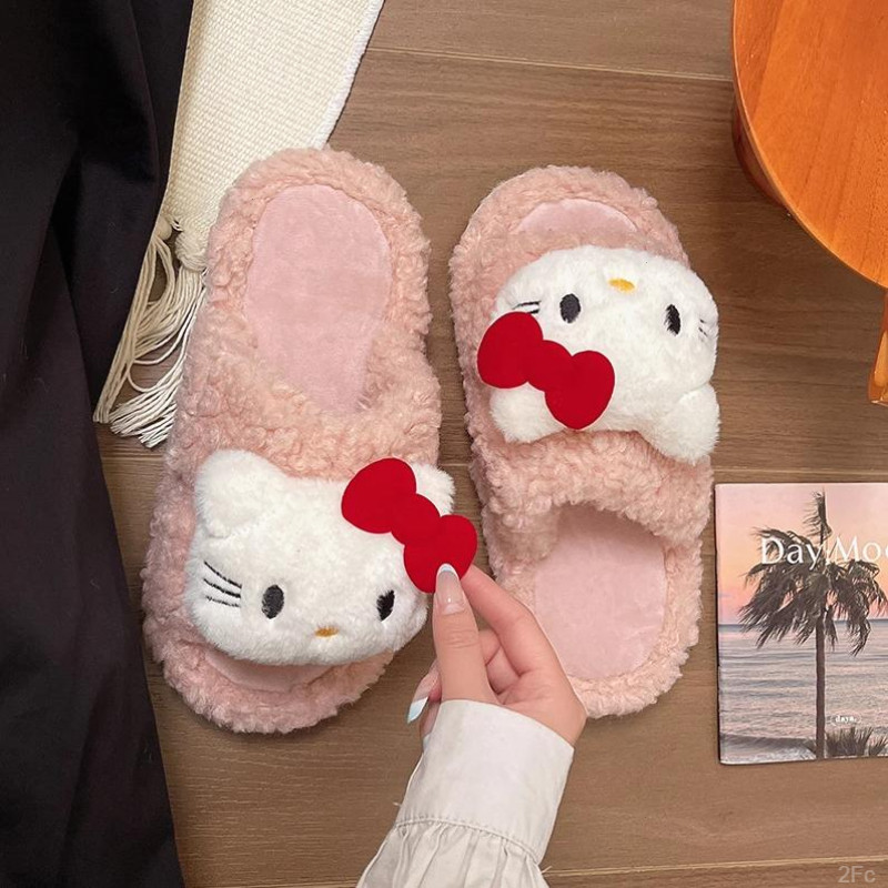 秋冬季kt猫居家室内女一字防滑保暖厚底毛绒毛毛拖鞋女冬日穿搭