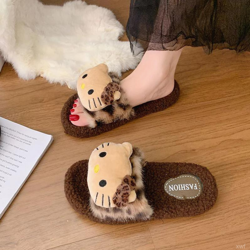 可爱kitty豹纹毛毛拖鞋女生秋冬季保暖外穿家居棉拖鞋防滑一字拖