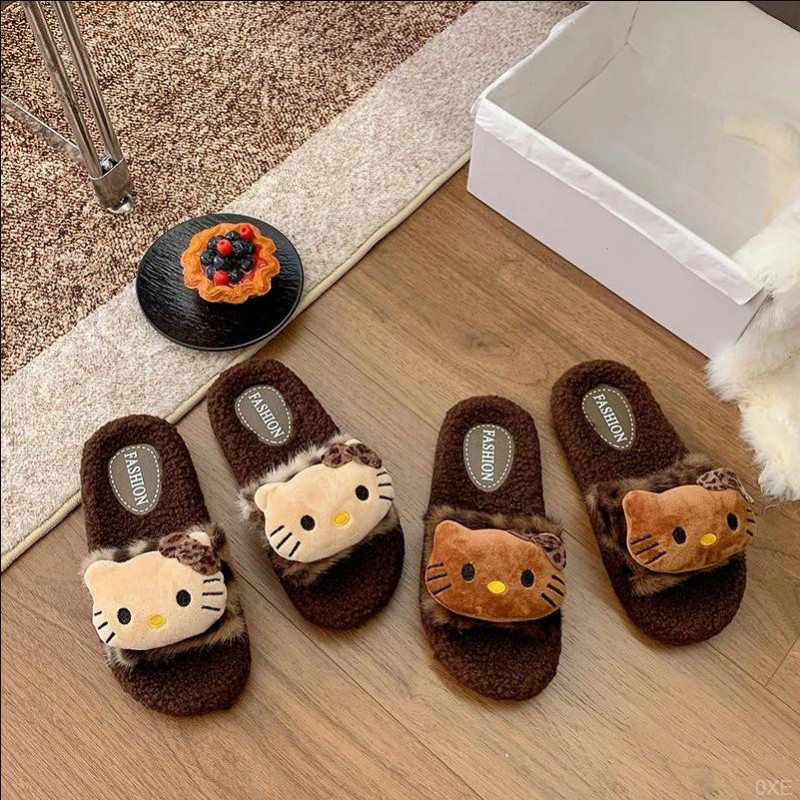 可爱kitty豹纹毛毛拖鞋女生秋冬季外穿保暖棉拖鞋居家防滑一字拖