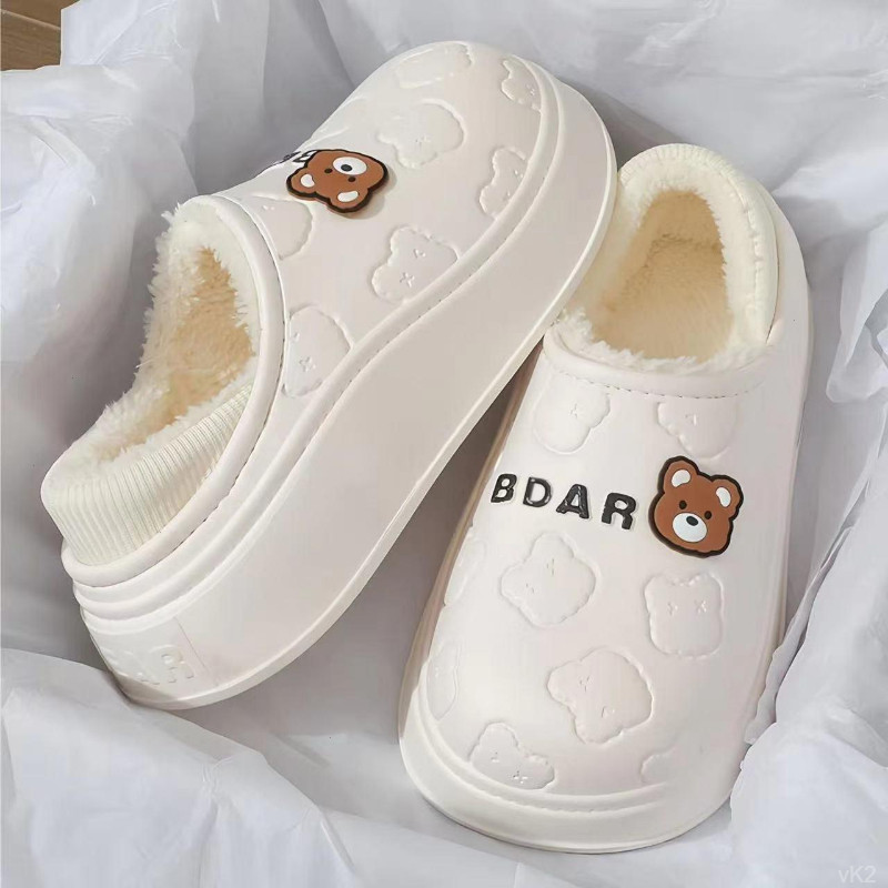 秋冬高颜值小熊防水棉拖鞋女款外穿踩屎感厚底毛绒家居防滑防臭女