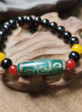 复古藏传真品绿玛瑙玉髓三眼九眼老天珠招聚财手链手串男女款首饰