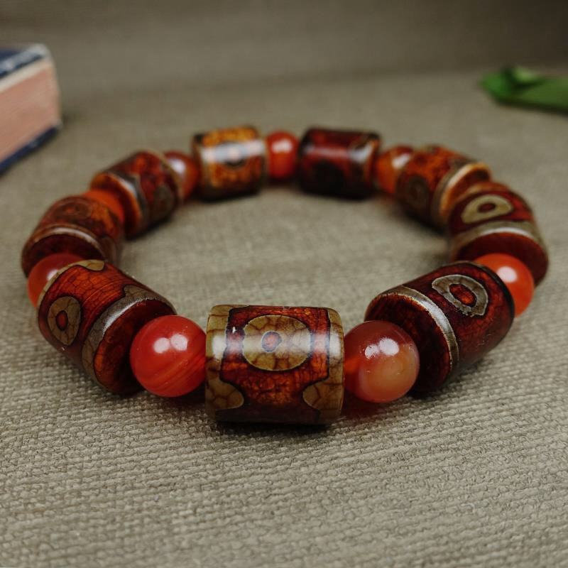 藏区回流老料高油包浆真品至纯红三眼天珠手链手串玛瑙玉髓天眼石