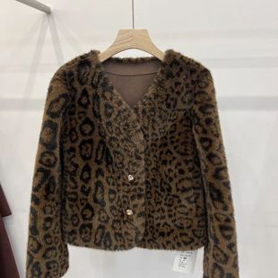 豹纹皮毛一体毛毛外套女上衣2025冬新短款 小个子高级感轻奢仿皮草