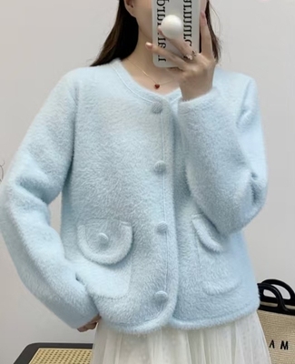 圆领小香风仿水貂毛针织开衫女2025秋冬新款时尚简约毛衣外套上衣