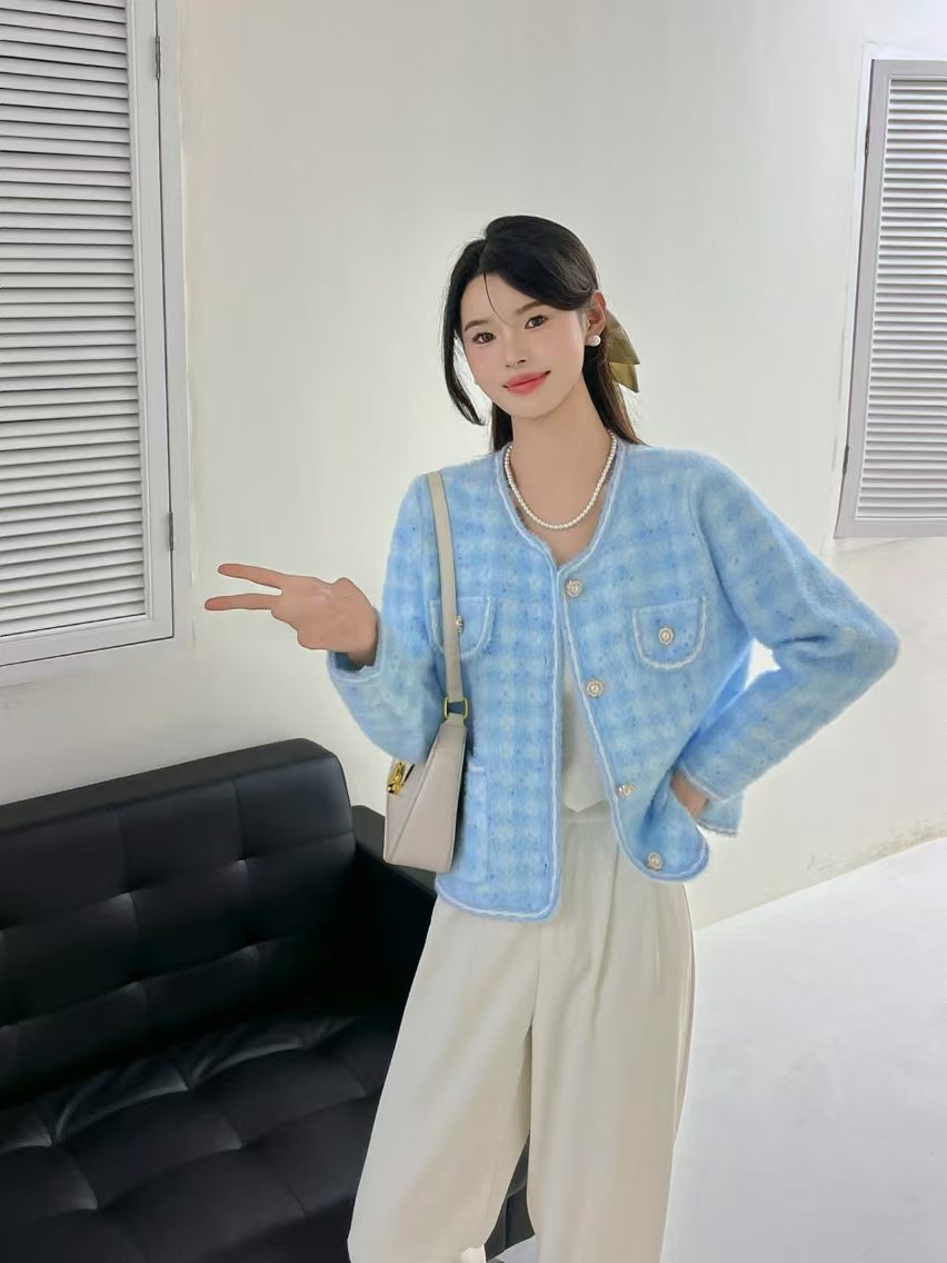 小香风毛衣女秋冬宽松显瘦短款针织开衫仿水貂绒上衣气质女士外套