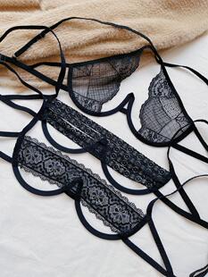 T mi 臀迷性感裸胸全透明内衣钢托聚拢蕾丝边纯欲私房情趣t裤套装