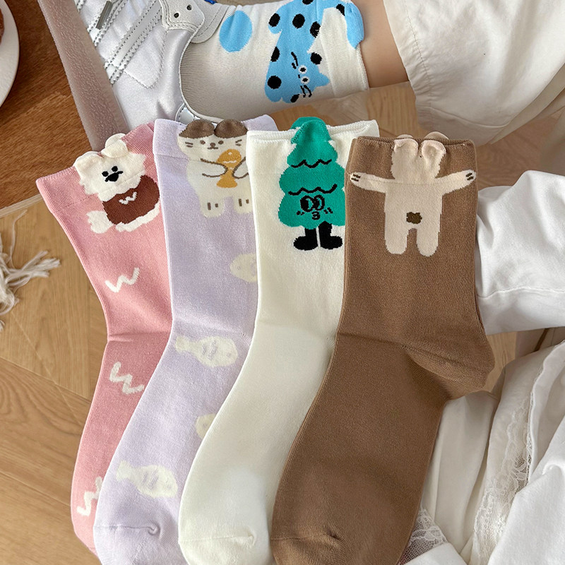 立体卡通可爱袜子女中筒袜春秋款棉袜ins潮韩版日系无骨运动长袜