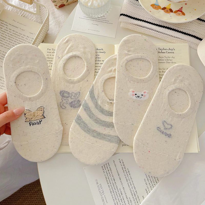 夏天薄款透气船袜女浅口棉袜可爱卡通小熊夏季硅胶防滑不掉跟隐形