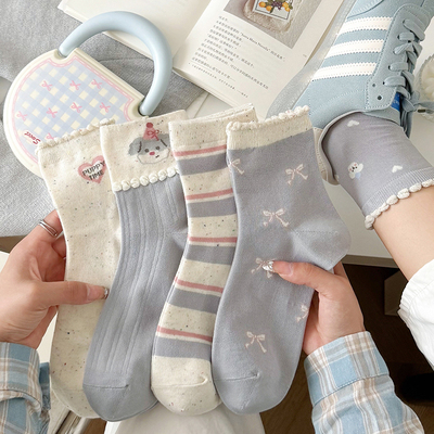 松口袜子女中筒袜秋冬款棉袜韩版ins潮可爱卡通无骨百搭甜美花边