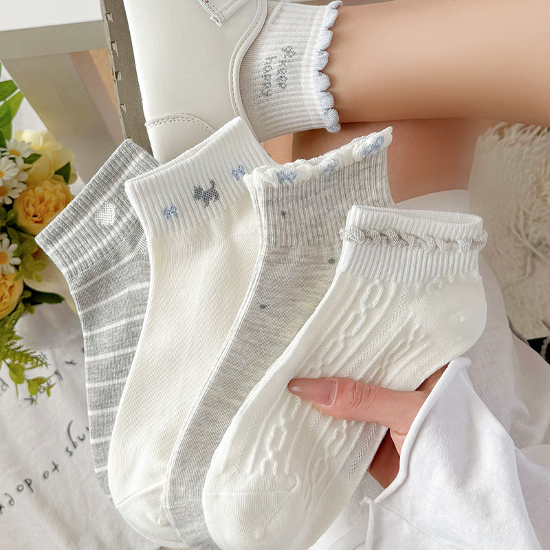 浅灰色蝴蝶结袜子女短袜春夏季薄款透气棉袜可爱卡通运动2026新款