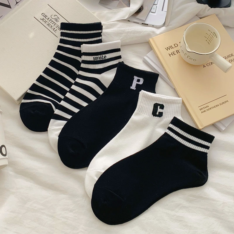 黑白字母袜子女短袜浅口夏季薄款ins潮棉袜百搭条纹运动低帮船袜