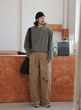 NOEARS日系复古绿色条纹长袖圆领上衣春季落肩cleanfit宽松T恤