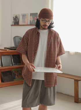 NOEARS夏季复古红色格纹cityboy宽松短袖衬衫日系落肩情侣衬衣