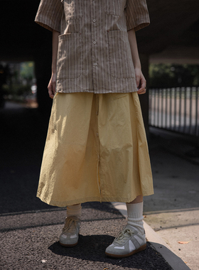 NOEARS日系抽绳奶黄色纽扣装饰七分裙子薄款一片式中长速干半身裙