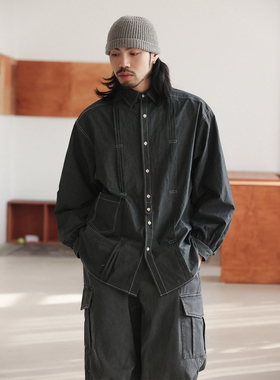 NOEARS废土风做旧黑色设计感武士宽松长袖衬衫叠穿翻领落肩袖衬衣