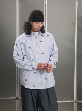 NOEARS日系少年感马年刺绣蓝色条纹长袖衬衫春季翻领宽松通勤衬衣