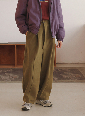NOEARS日系咸菜绿色宽松直筒呢料休闲长裤冬季复古垂感厚款西装裤