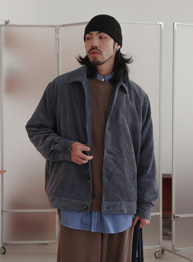 NOEARS春秋复古雾蓝色绒感宽松翻领长袖夹克日系休闲痞帅通勤外套