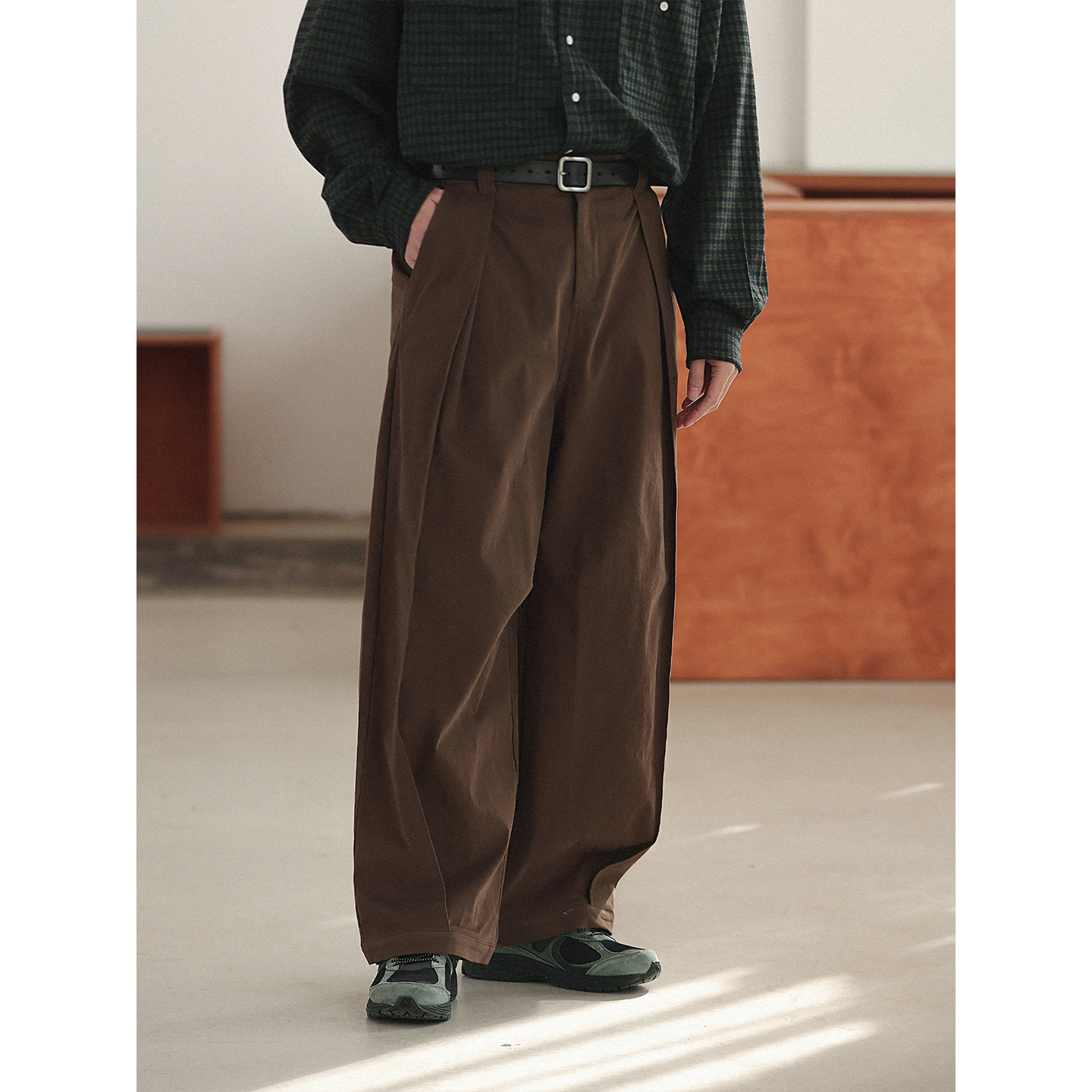 NOEARS棕咖日系工装阔腿裤高街