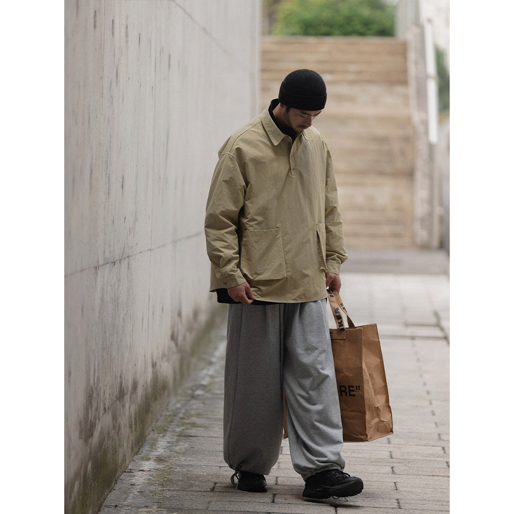 NOEARS卡其色套头翻领衬衫男长袖后背设计感镂空日系复古痞帅衬衣