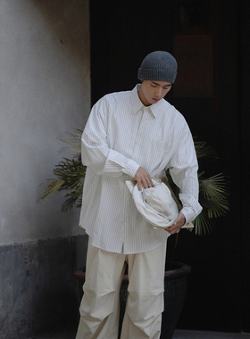 NOEARS白色条纹衬衫男长袖廓形宽松日系翻领休闲衬衣春季cityboy