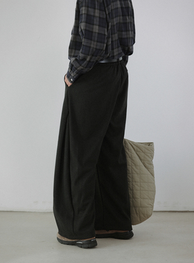 NOEARS日系cityboy黑麻灰色宽松休闲裤秋冬复古松紧腰直筒长裤