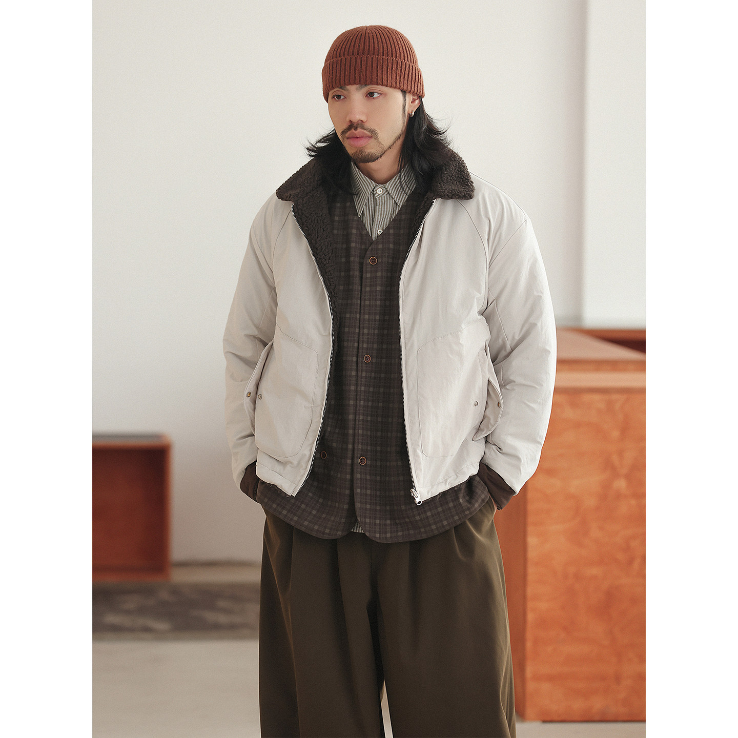 NOEARS冬季米白色羊羔毛双面穿拼接翻领棉衣日系设计感宽松外套