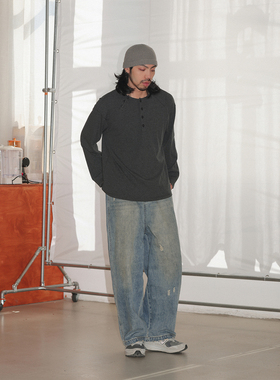 NOEARS日系复古黑马灰色亨利领宽松基础款落肩袖套头长袖纯色T恤