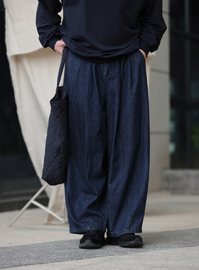 NOEARS春季蓝色松紧腰阔腿牛仔裤日系复古cityboy宽松痞帅长裤